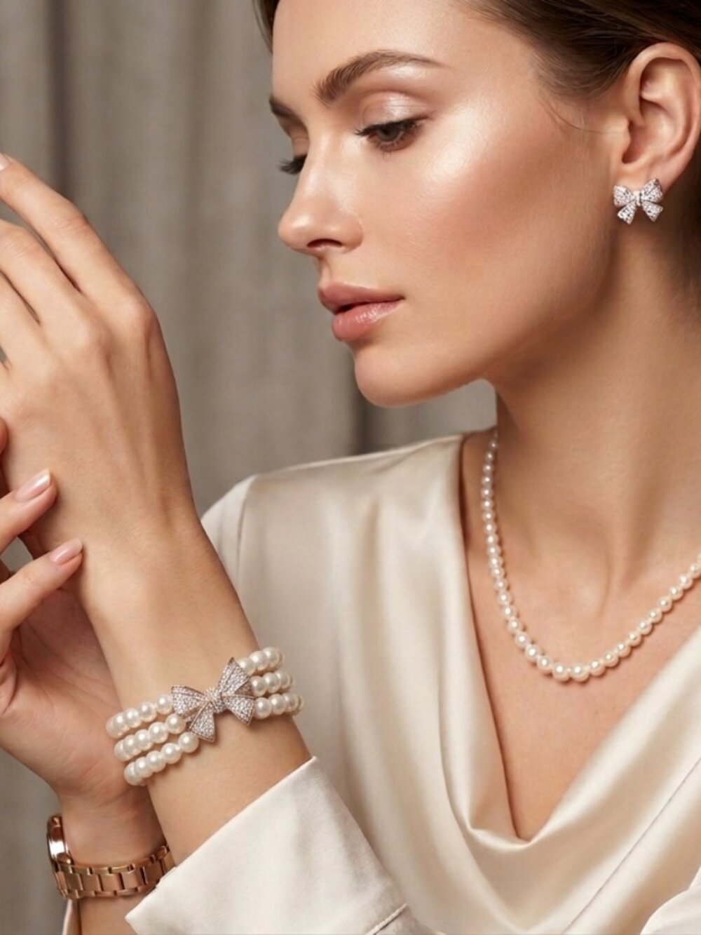 Three-Strand Pearl Bracelet with Crystal Bow Center - Picture 6 of 6
